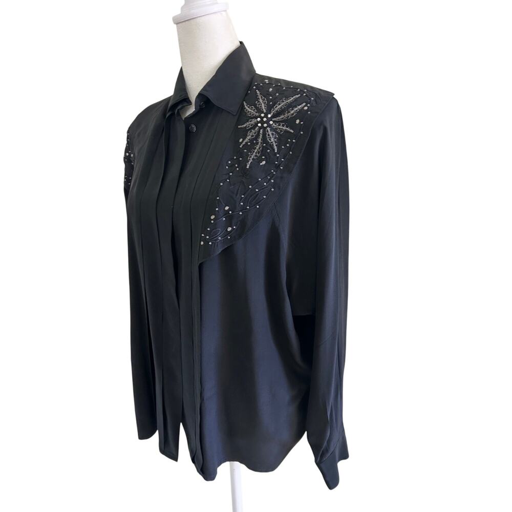 Gary Fabrikant Vintage Silk Shirt Womens SZ14 Black Beaded Western 80s 90s - Picture 4 of 8